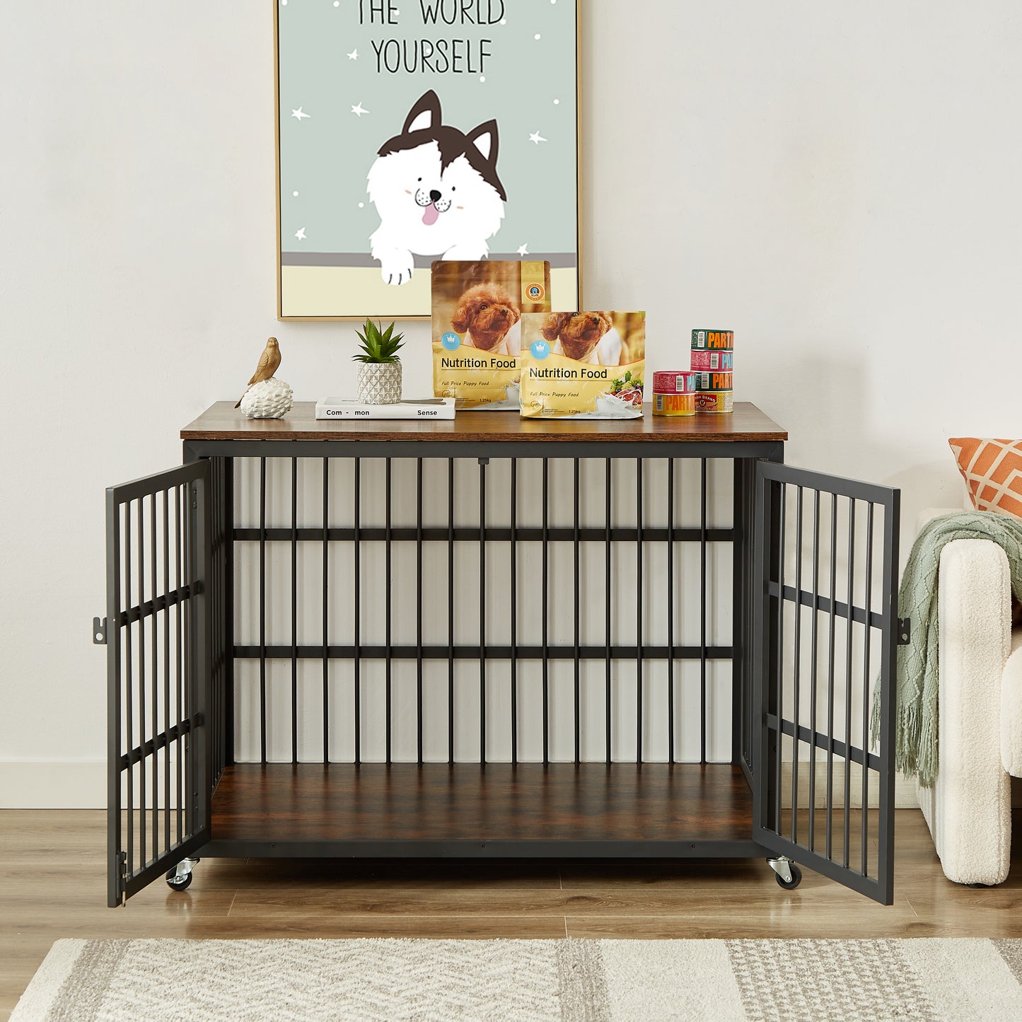 Furniture style dog crate wrought iron frame door